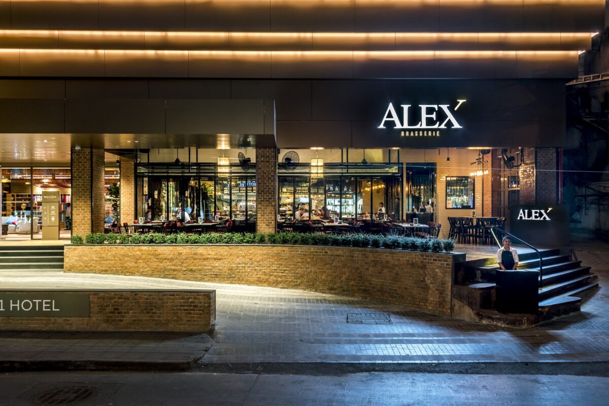 Exterior of the newly renovated Alex Brasserie, highlighting contemporary design elements