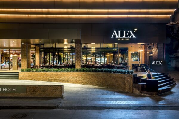 Exterior of the newly renovated Alex Brasserie, highlighting contemporary design elements