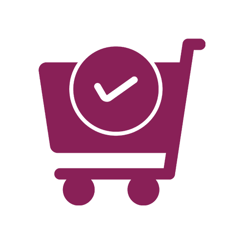 Icon for buying, a shopping trolley with a validated symbol inside.