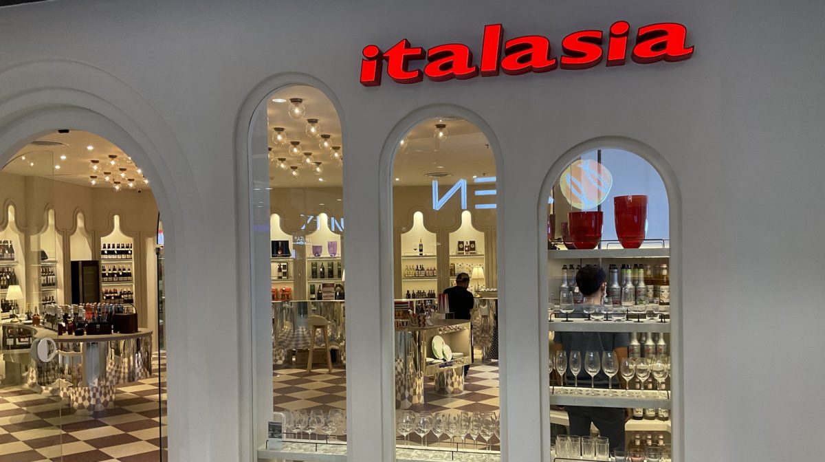 A stylish Italian wine showroom with a spacious window and a visible sign displaying the name "Italasia."