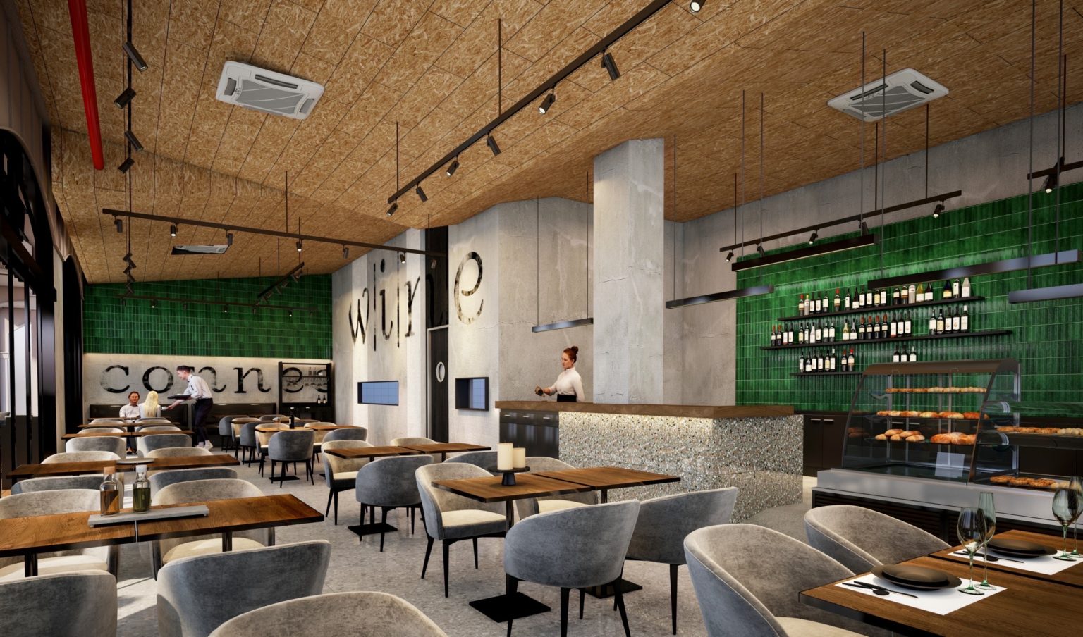 A chic rendering of a renovated wine bar's interior, highlighting sophisticated design and inviting seating arrangements.