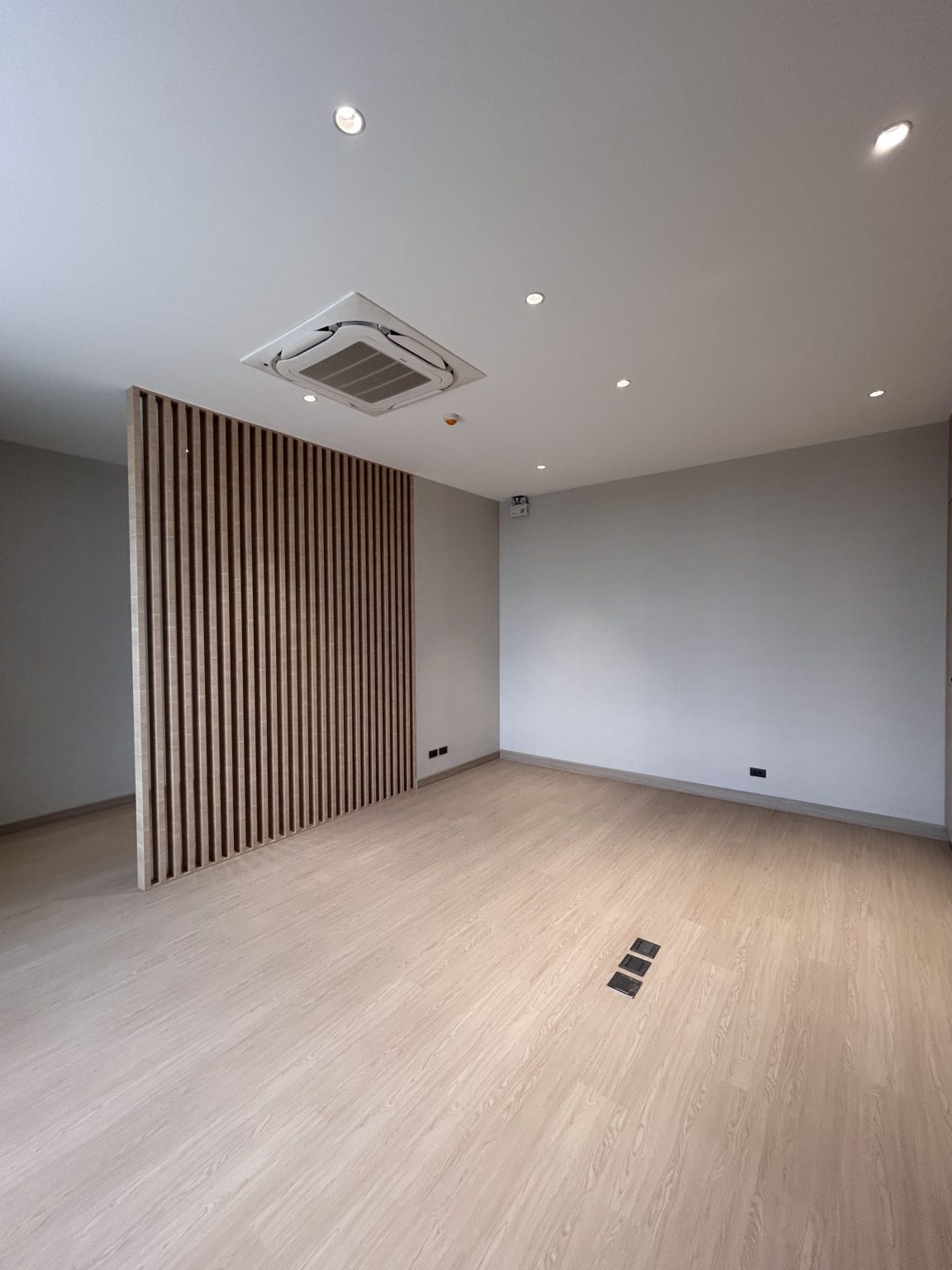 Office with modern wooden wall.