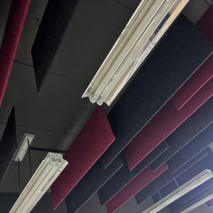 Red & black suspended acoustic panels by Project'Sabai.