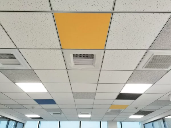 False ceiling tiles for acoustic absorption.